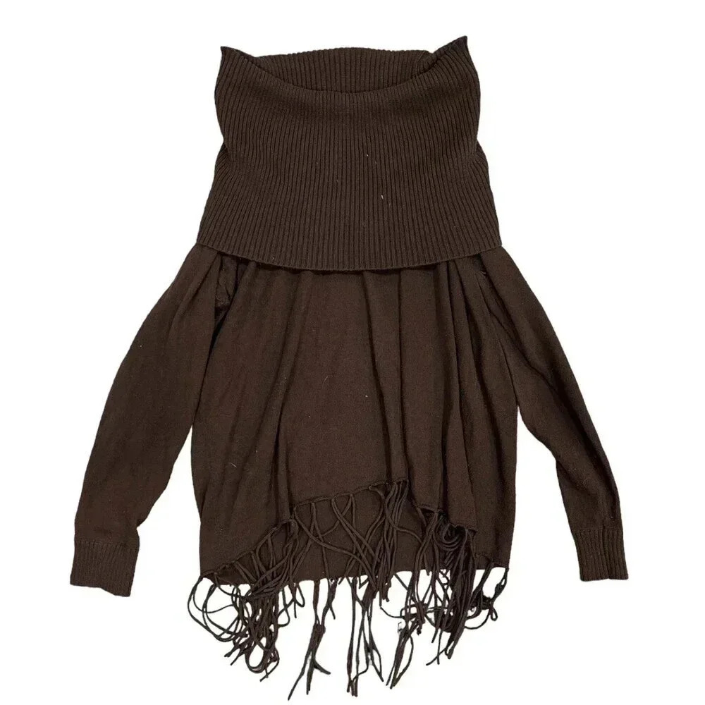 Michael Michael Kors Brown Fringe Hem Western Cowl Sweater M